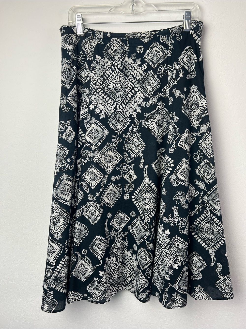 Coldwater Creek Vintage Black White Geometric Batik Patchwork Motif A-line Skirt